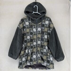 IZZI Outerwear Geometric Pattern Fleece‎ Hoodie Jacket Zip Up Gray Tan White